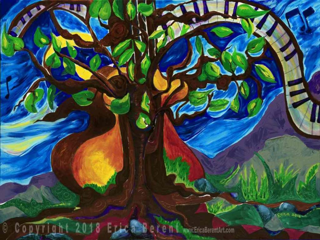 Musicalitree is a painting that spanned several years, begun in 2009 and finished in 2016.  It displays the connection of music to the earth and nature.  A piano keyboard of music floats melodically on the breeze while the stand-up bass guitar hugs the tree of which both the piano and the bass were created, the roots of the tree spreading out along the ground, the hills of Escondido, CA, where I live, in the background.